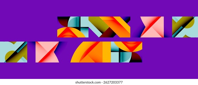Abstract geometric shapes overlap purple background. Vivid colors create dynamic composition, modern design aesthetic.