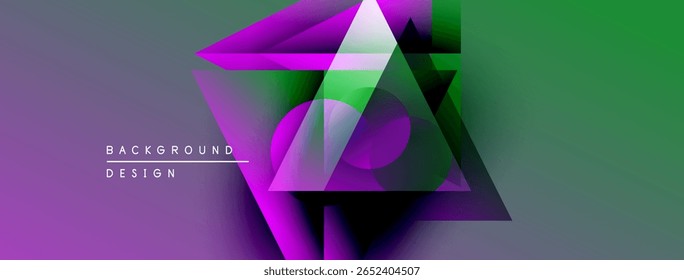Abstract geometric shapes overlap. Purple, green gradients create modern design. Minimalist style, dynamic composition.