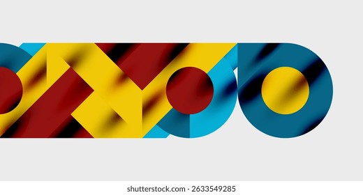 Abstract geometric shapes overlap. Red, yellow, blue hues dominate composition. Modern design, vibrant colors, simple forms present.