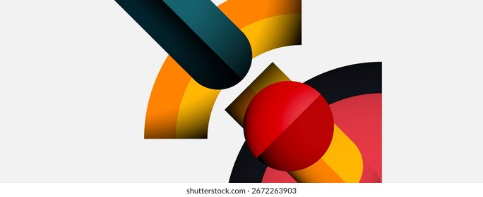 Abstract geometric shapes overlap. Red sphere dominates center, vibrant colors create dynamic composition. Minimalist design, modern aesthetic.