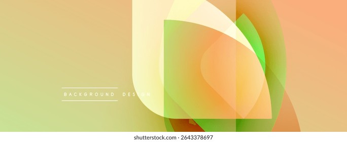Abstract geometric shapes overlap. Soft yellow, orange, green hues blend smoothly creating modern background design. Minimalist style.