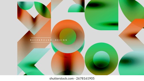 Abstract geometric shapes overlap. Soft gradients create modern visual texture. Background design features rounded squares, circles, lines.