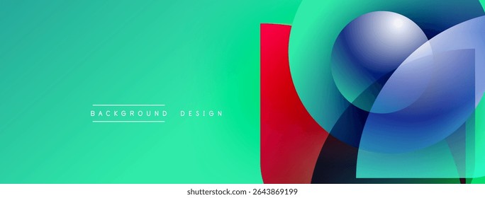 Abstract geometric shapes overlap turquoise background. Red element adds contrast, creating modern visual effect. Design includes text label.