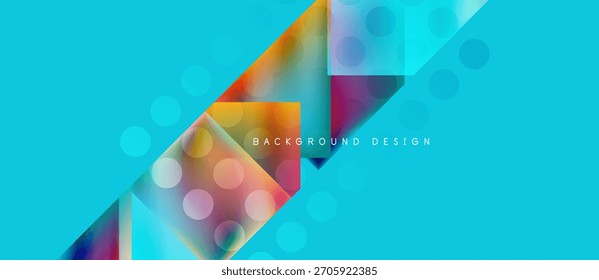 Abstract geometric shapes overlap turquoise background. Modern design features vibrant color gradients, circles, squares, triangles. Text reads background design.