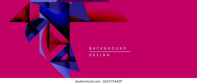 Formas geométricas abstratas se sobrepõem ao fundo rosa vibrante. Design moderno apresenta gradientes azuis, criando impacto visual dinâmico.