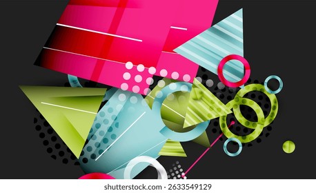 Abstract geometric shapes overlap. Vibrant colors create dynamic composition. Modern design elements suggest energy, movement.