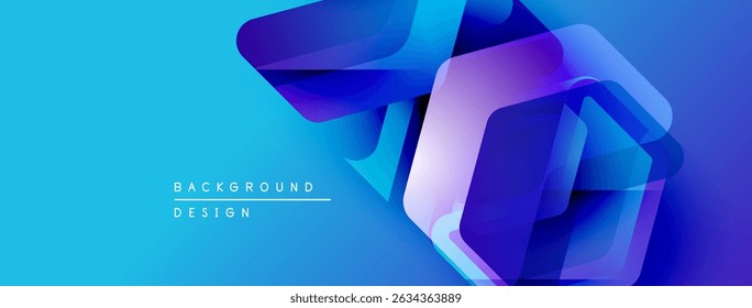 Abstract geometric shapes overlap vibrant blue background. Modern design elements create dynamic visual effect. Gradient colors enhance depth.