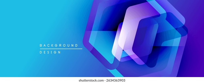 Abstract geometric shapes overlap vibrant blue gradient. Modern design elements create dynamic visual effect. Background suggests technology, innovation.