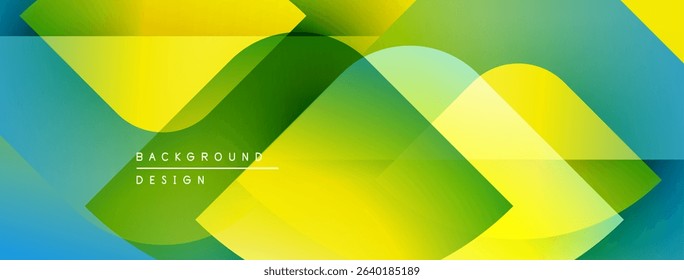 Abstract geometric shapes overlap. Vibrant yellow, green, blue gradients create dynamic visual texture. Modern design element.