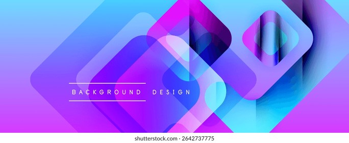 Las Formas geométricas Abstractas se superponen. Los vibrantes Gradientes morados y azules crean un diseño moderno. El texto lee el diseño de fondo. Transiciones suaves, composición dinámica.