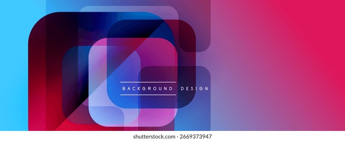 Abstract geometric shapes overlap. Vibrant blues, purples, pinks create modern design. Text reads background design. Minimalist aesthetic.