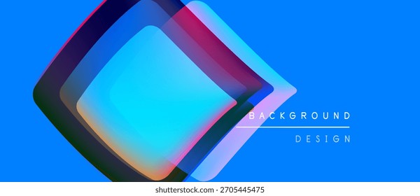 Formas geométricas abstratas se sobrepõem ao fundo azul vibrante. As cores de gradiente criam um efeito visual moderno. Elementos de design sugerem profundidade, textura.
