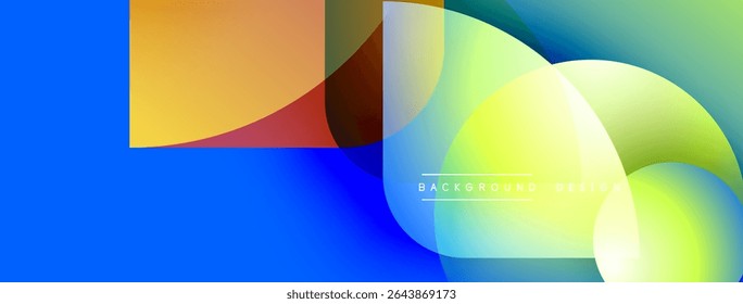 Formas geométricas abstratas se sobrepõem. Mistura de cores vivas, criando efeito visual dinâmico. Design moderno adequado para fundos.