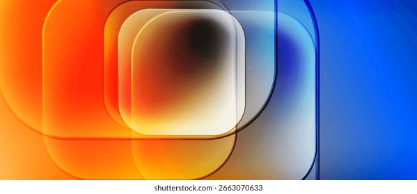 Las Formas geométricas Abstractas se superponen. Transiciones de naranja cálido a tonos azules fríos. Los Gradientes suaves crean una estética profunda y moderna.