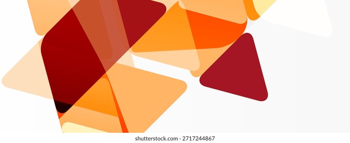 Formas geométricas abstratas se sobrepõem. As cores quentes dominam, criando composição dinâmica. O plano de fundo claro aprimora o contraste visual.