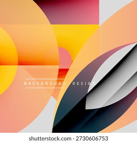 Abstract geometric shapes overlap. Warm colors dominate, creating modern visual effect. Background design features gradients, curves.