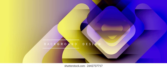 Abstract geometric shapes overlap. Yellow, purple hues create modern design. Gradient colors offer dynamic visual effect.