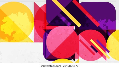 Abstract geometric shapes overlap. Yellow, purple, red hues dominate composition. Minimalist design with textured gradients present.