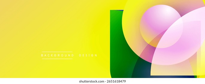 Abstract geometric shapes overlap. Yellow, green, pink hues create modern design. Minimalist style, clean lines, vibrant colors present.