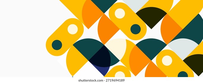 Formas geométricas abstratas se sobrepõem. Cores amarelas, laranja e negras dominam o design. Estilo minimalista cria estética moderna. Linhas limpas, formas simples.