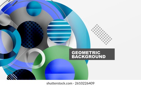 Abstract geometric shapes, overlapping circles, blue, green, gray tones. Modern design, clean lines, simple composition. Minimalist aesthetic.