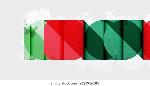 Formas geométricas abstratas, círculos sobrepostos, tons vermelhos e verdes. Superfície texturizada, fundo branco, elementos de design modernos.