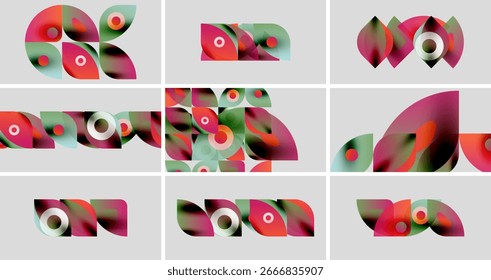 Abstract geometric shapes, overlapping circles, vibrant colors. Composition features repeating patterns, soft gradients, modern design.