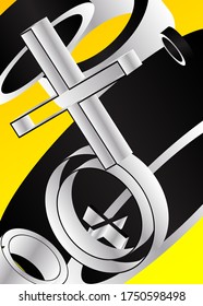 Abstract geometric shapes pattern background for business brochure cover design. Black, yellow, white, vector banner poster template with crosses, circles and rings.
