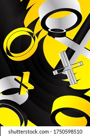 Abstract geometric shapes pattern background for business brochure cover design. Black, yellow, white, vector banner poster template with crosses, circles and rings.