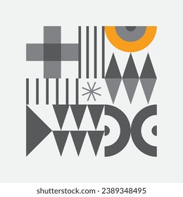 Abstrakte geometrische Formen Muster, Bauhaus minimaler Kunstdesign-Hintergrund. Moderne Kreise, Dreieck- und Vierecklinien-Kunst. Gelbe und graue Farbe, trendiger Bauhaus-Musterhintergrund.