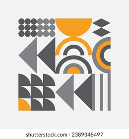 Abstract geometric shapes pattern, Bauhaus minimal art design background. Modern circle, triangle and square lines art. Yellow and grey color, trendy Bauhaus pattern background.