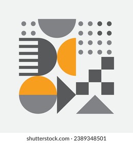 Abstrakte geometrische Formen Muster, Bauhaus minimaler Kunstdesign-Hintergrund. Moderne Kreise, Dreieck- und Vierecklinien-Kunst. Gelbe und graue Farbe, trendiger Bauhaus-Musterhintergrund.