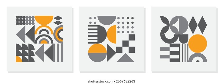 Abstract geometric shapes pattern, Bauhaus minimal art design background. Modern circle, triangle and square lines art. Yellow and grey color, trendy Bauhaus pattern background.
