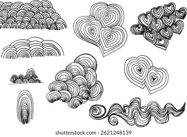Abstract Geometric shapes pattern design clipart arc, hearts, spiral, waves abstract shapes set of hand drawn illustrations for background repeating primitive naive drawing pattern black and white	