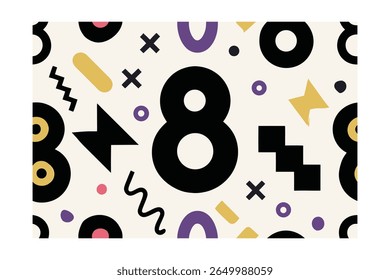 Abstract geometric shapes pattern with number eight various colorful elements on