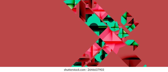 Abstract geometric shapes, pink background. Triangles form dynamic composition, vibrant colors present. Modern design element.