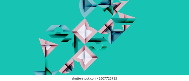 Abstract geometric shapes, pink, blue, teal. Complex arrangement, layered forms, modern design. Bright colors, dynamic composition, artistic expression.