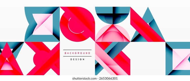 Abstract geometric shapes, pink, red, blue hues. Modern design elements create dynamic background texture. Minimalist style.
