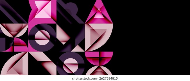 Abstract geometric shapes, pinks, purples dominate composition. Minimalist design, sharp angles, modern aesthetic. Dark background enhances visual impact.