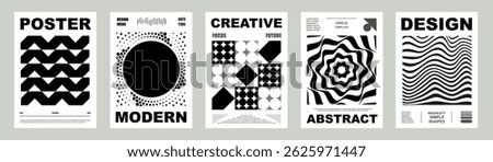Abstract geometric shapes poster background. Set template cover card with different geometric lines, circles, squares, waves. Modern black dot halftone texture. Banner, cover, wallpaper pattern