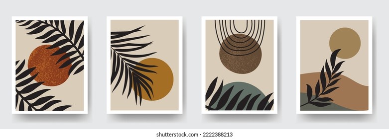 Abstract geometric shapes poster in mid-century style. Tropical palm leaf, geo elements, poster, boho wall decor, flat design