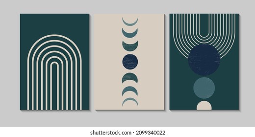 Afiche de formas geométricas abstractas conjunto al estilo de mediados de siglo. Ilustración moderna geo elementos para la impresión minimalista, afiche, decoración de pared boho, diseño plano Vector arte mínimo