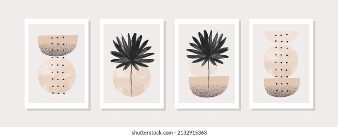Abstract geometric shapes poster set in 1950s mid century style. Modern illustration: tropical palm leaf, geometry elements for minimal print, poster, boho wall decor, flat design Vector minimal art
