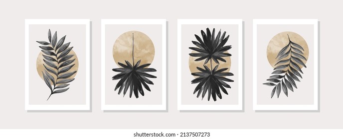 Abstract geometric shapes poster set in 1950s mid century style. Modern illustration: tropical palm leaf, geometry elements for minimal print, poster, boho wall decor, flat design Vector minimal art