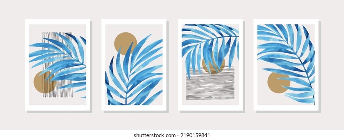 Abstract geometric shapes poster set in 1950s mid century style. Modern illustration: tropical palm leaf, geometry elements for minimal print, poster, boho wall decor, flat design Vector minimal art