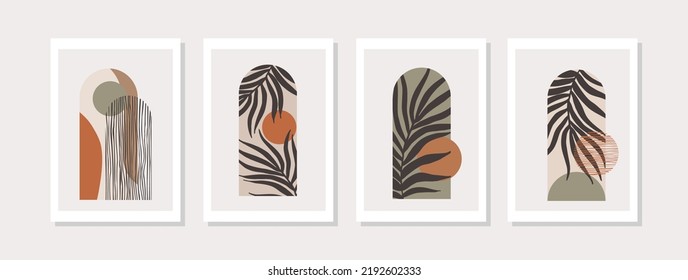 Abstract geometric shapes poster set in 1950s mid century style. Modern illustration: tropical palm leaf, geometry elements for minimal print, poster, boho wall decor, flat design Vector minimal art