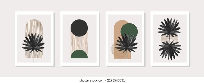 Abstract geometric shapes poster set in 1950s mid century style. Modern illustration: tropical palm leaf, geometry elements for minimal print, poster, boho wall decor, flat design Vector minimal art