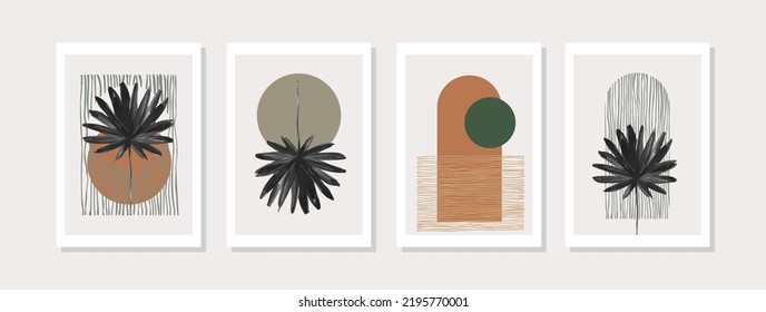 Abstract geometric shapes poster set in 1950s mid century style. Modern illustration: tropical palm leaf, geometry elements for minimal print, poster, boho wall decor, flat design Vector minimal art