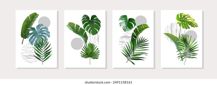 Abstract geometric shapes, poster set of tropical leaves, banana leaves, monstera. A modern collection of botanical illustrations for print. Boho style wall decor design. Vector art