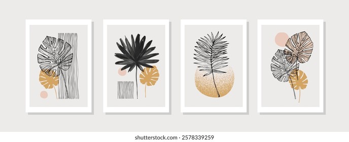 Abstract geometric shapes poster set in 1950s mid century style. Modern illustration: tropical palm leaf, geometry elements for minimal print, poster, boho wall decor, flat design Vector minimal art